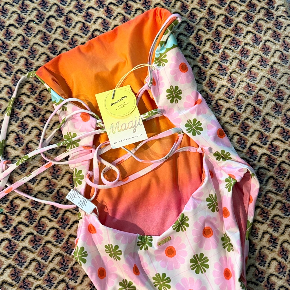 Maaji Pink Floral One-Piece Swimsuit with Green Accents NWTA - Picture 11 of 12